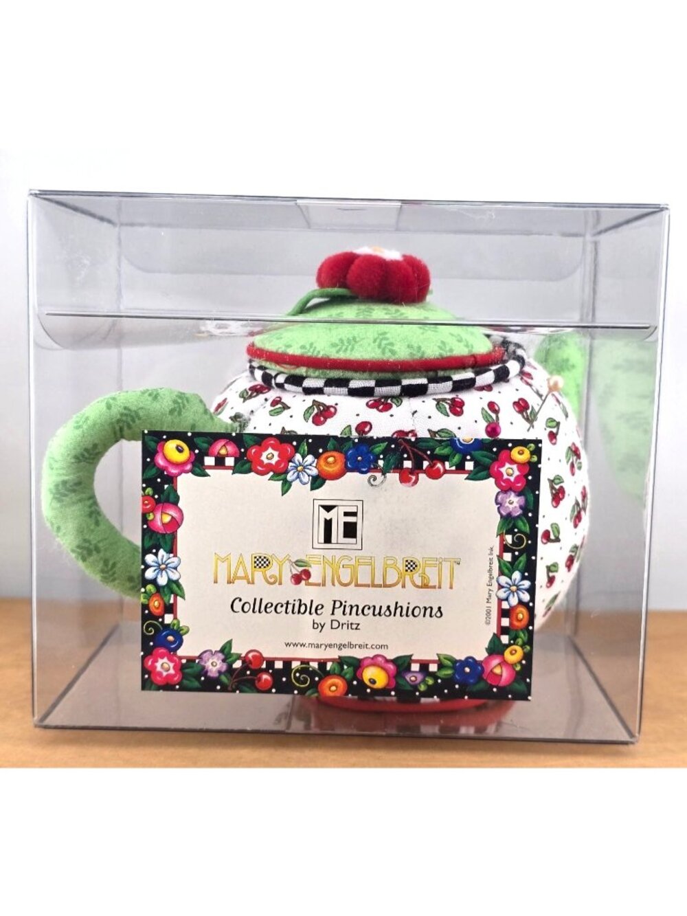 Vntg Mary Engelbreit Collectible Teapot Pincushion/Trinket Cherry Floral Design